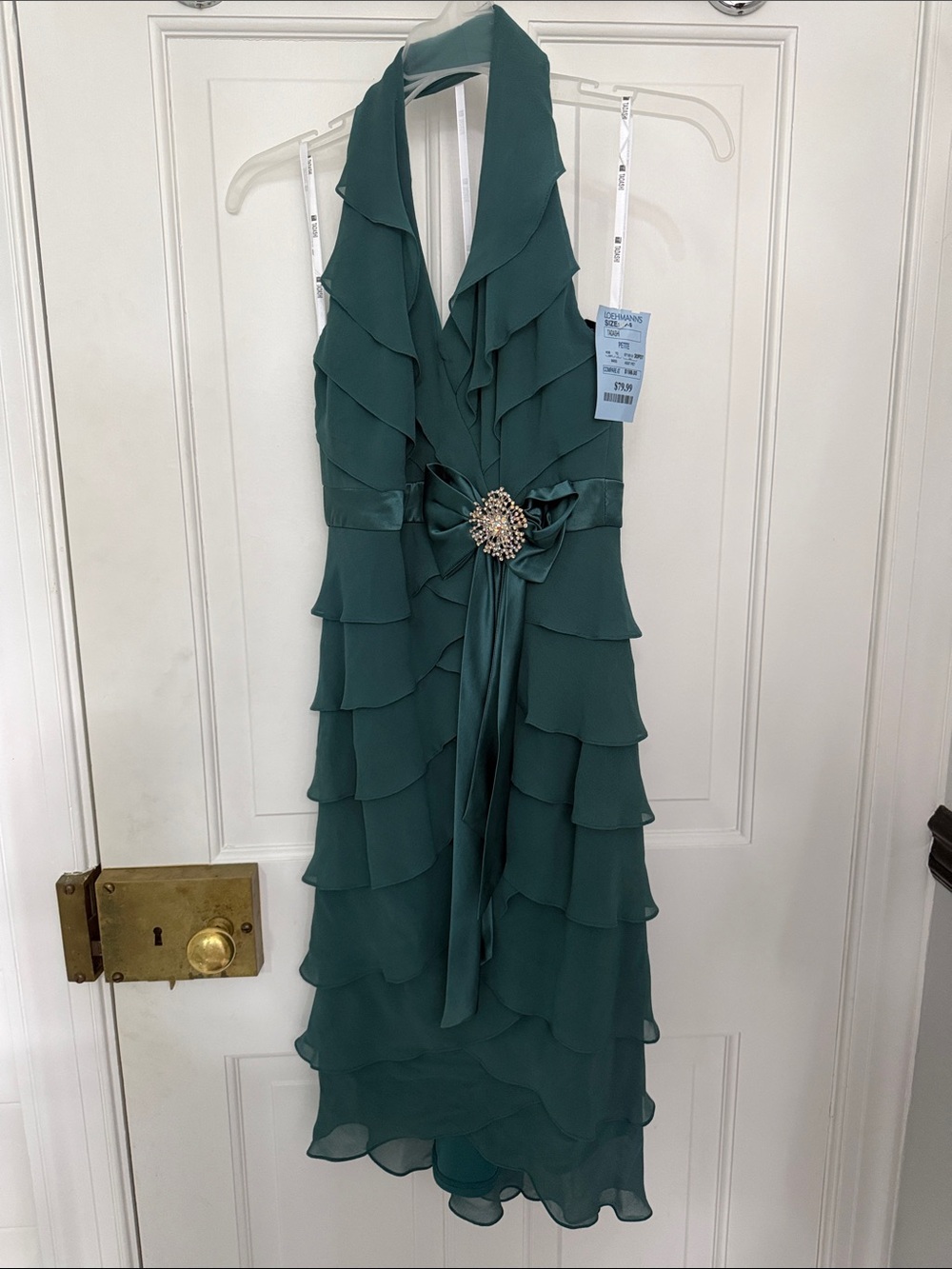 One-Shoulder Teal Ruffle Dress with Satin Bow and Brooch